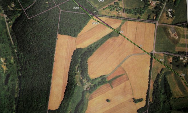 This February 2018 photo shows the most recent proposed route for the PennEast pipeline through Albertine Anthony's farm in Palmerton, Pennsylvania. The route cuts through a triangle of unfarmed wetland that is the source of Anthony's home water supply.  