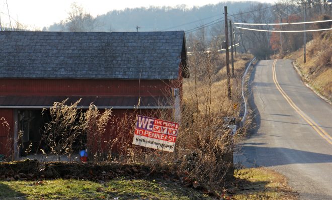 A sign on Riegelsville Road in Holland Township, New Jersey, shows local opposition to the PennEast pipeline.