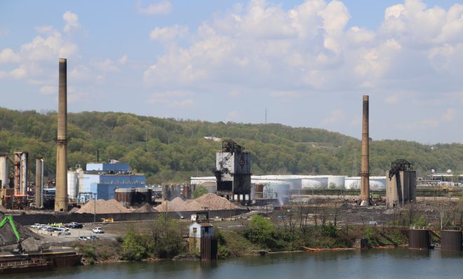 The Shenango Coke Works smokestacks before they were imploded in May 2018. 