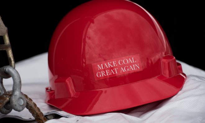 FRIEDENS, PA - JUNE 08: A "Make Coal Great Again" hard hat sits on a table at the grand opening of Corsa Coal's Acosta Deep Mine on June 8, 2017 in Friedens, Pennsylvania.  