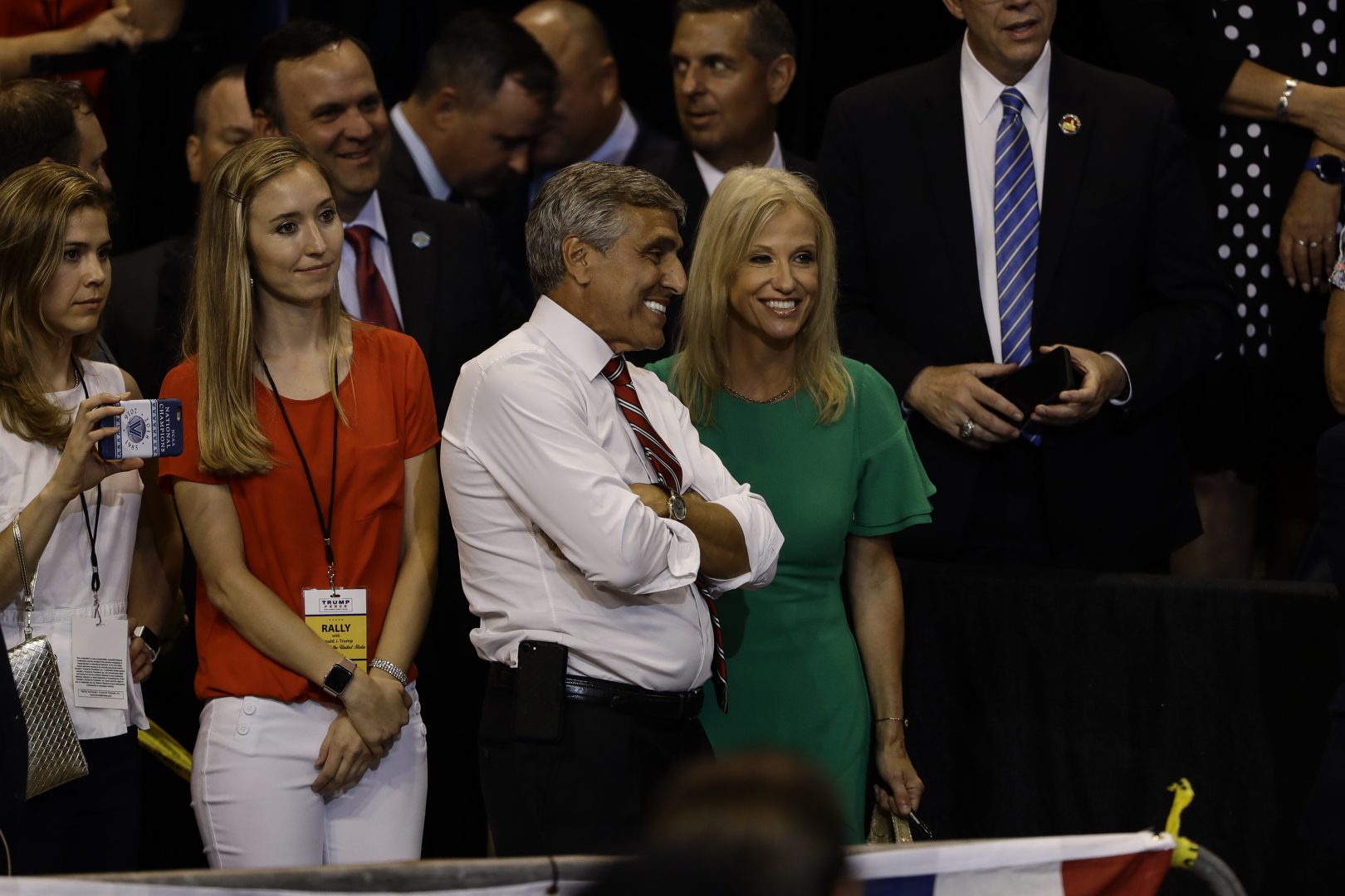 Senate candidate Rep. Lou Barletta, R-Pa., meets with Counselor to the President Kellyanne Conway as President Donald Trump speaks during a rally, Thursday, Aug. 2, 2018, at Mohegan Sun Arena at Casey Plaza in Wilkes Barre, Pa. (AP Photo/Matt Rourke)