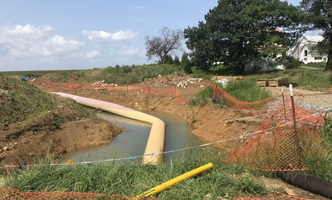 Heavy rains flood a trench where the Atlantic Sunrise pipeline is being installed August 22, 2018 in Lebanon County.
