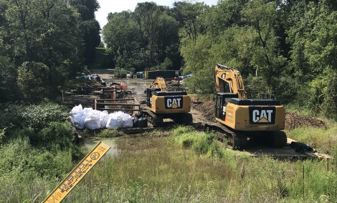 In this 2018 file photo, Energy Transfer, the parent company of Mariner East 2 pipeline builder, Sunoco, works at Snitz Creek in West Cornwall Township, Lebanon County after a drilling mud spill during the summer. (Marie Cusick/StateImpact Pennsylvania)