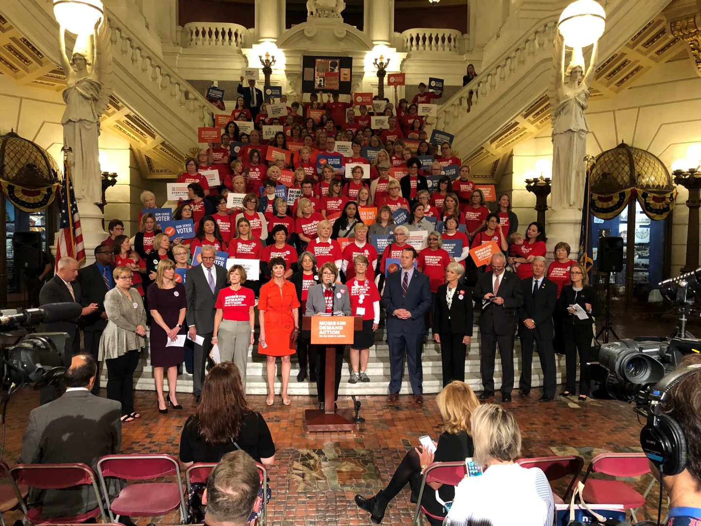 Supporters of legislation to increase gun restrictions in protection-from-abuse and domestic violence cases rally at the state Capitol in Harrisburg on Sept. 24, 2018.