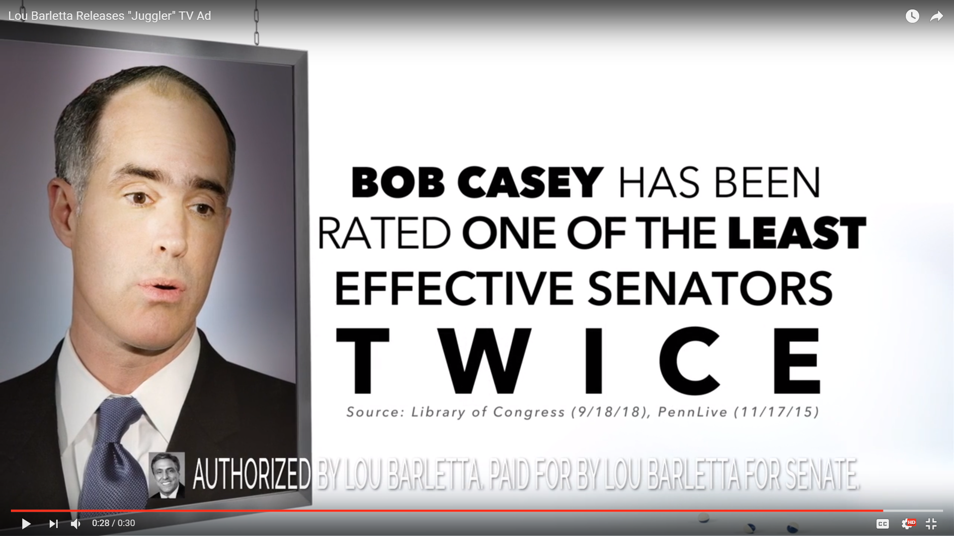 This ad from Lou Barletta's campaign criticizes U.S. Sen. Bob Casey.
