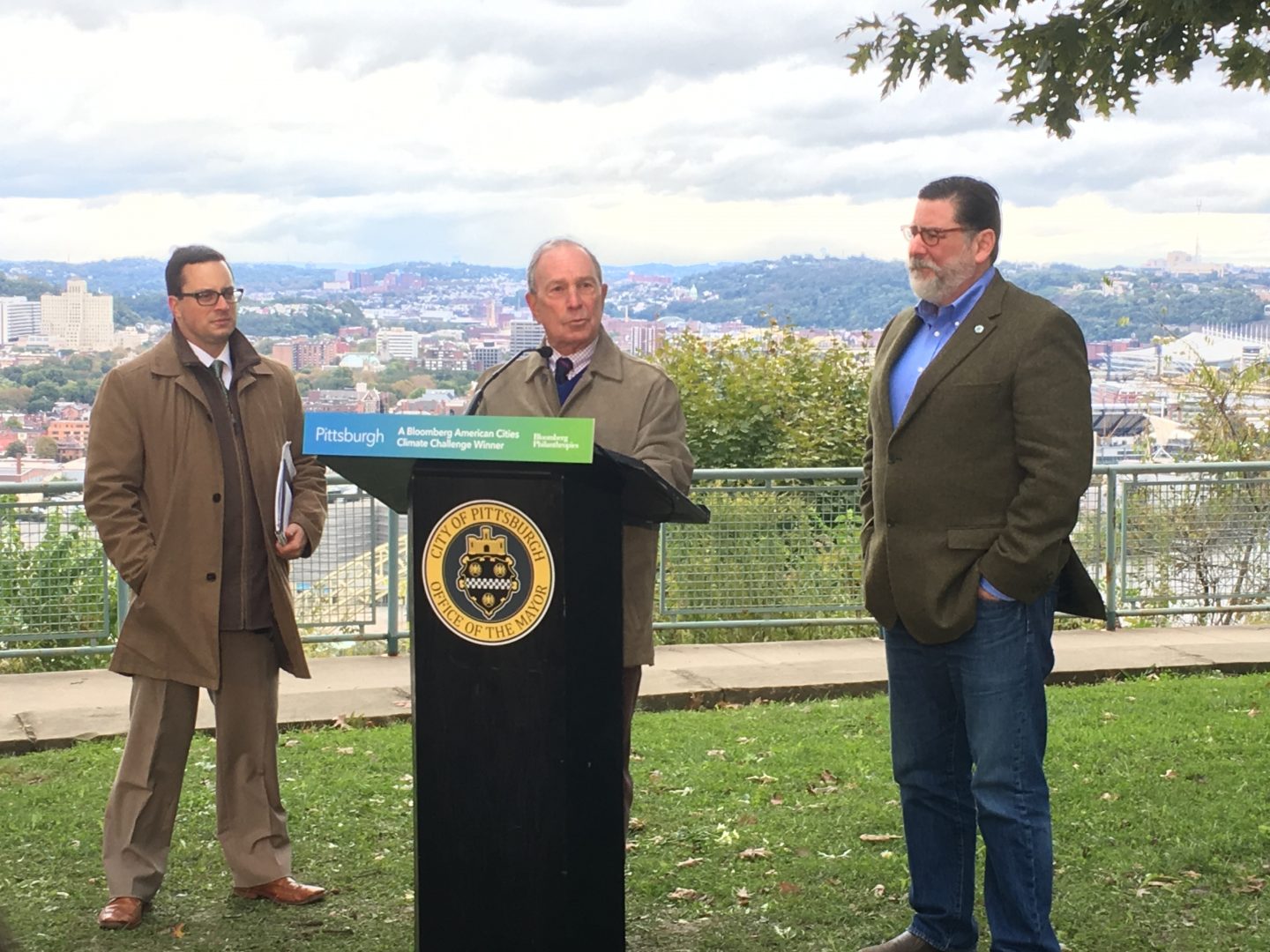 Former New York City Mayor Michael Bloomberg (center) appeared with Pittsburgh’s Chief Resilience Officer Grant Ervin (left) and Pittsburgh Mayor Bill Peduto at West End-Elliott Overlook Park on Sunday.