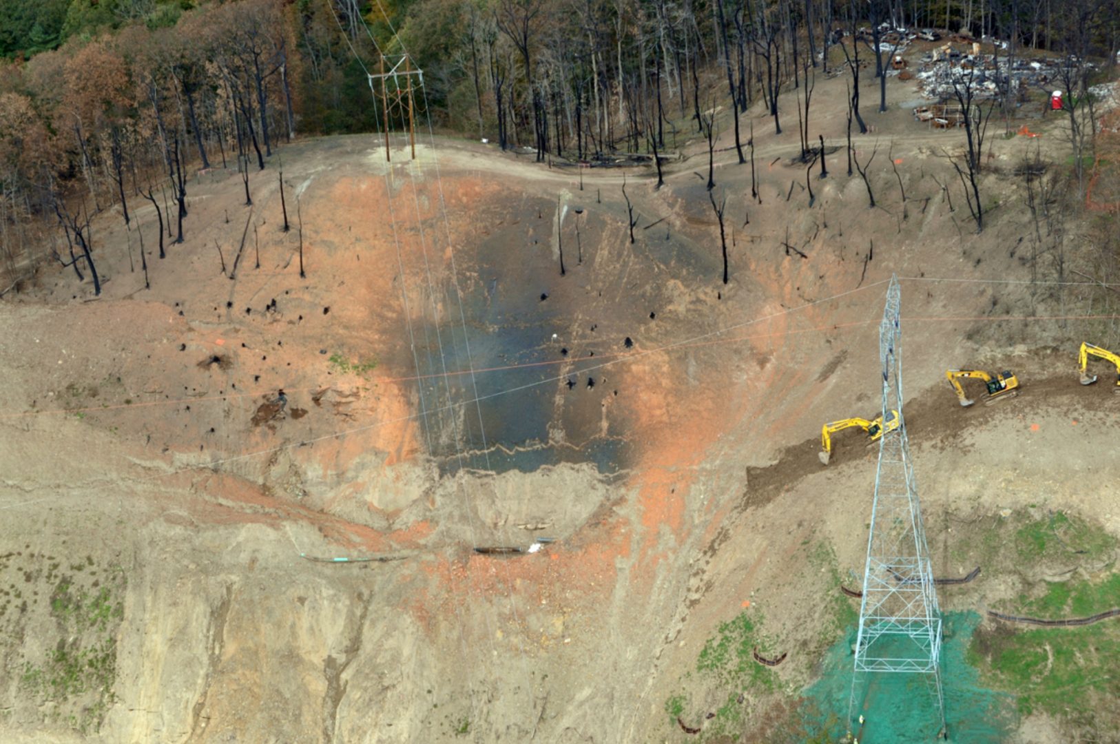 The site of the Revolution Pipeline explosion that occurred in September 2018. Officials have said said heavy rain caused a landslide, leading to the explosion, which destroyed a house.