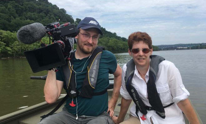 Gina Catanzarite, writer and producer, and Glenn Syska, director of photography and editor, on the &ldquo;set&rdquo; of their documentary, &ldquo;Downstream.&rdquo; 
