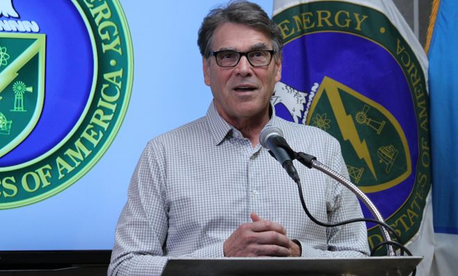 U.S. Energy Secretary Rick Perry answers questions during a media availability following a tour of Sandia National Laboratories in Albuquerque, N.M., on Tuesday, Oct. 9, 2018. Perry said he was confident that Sandia and Los Alamos National Laboratory will continue to play significant roles in the nation's weapons program.