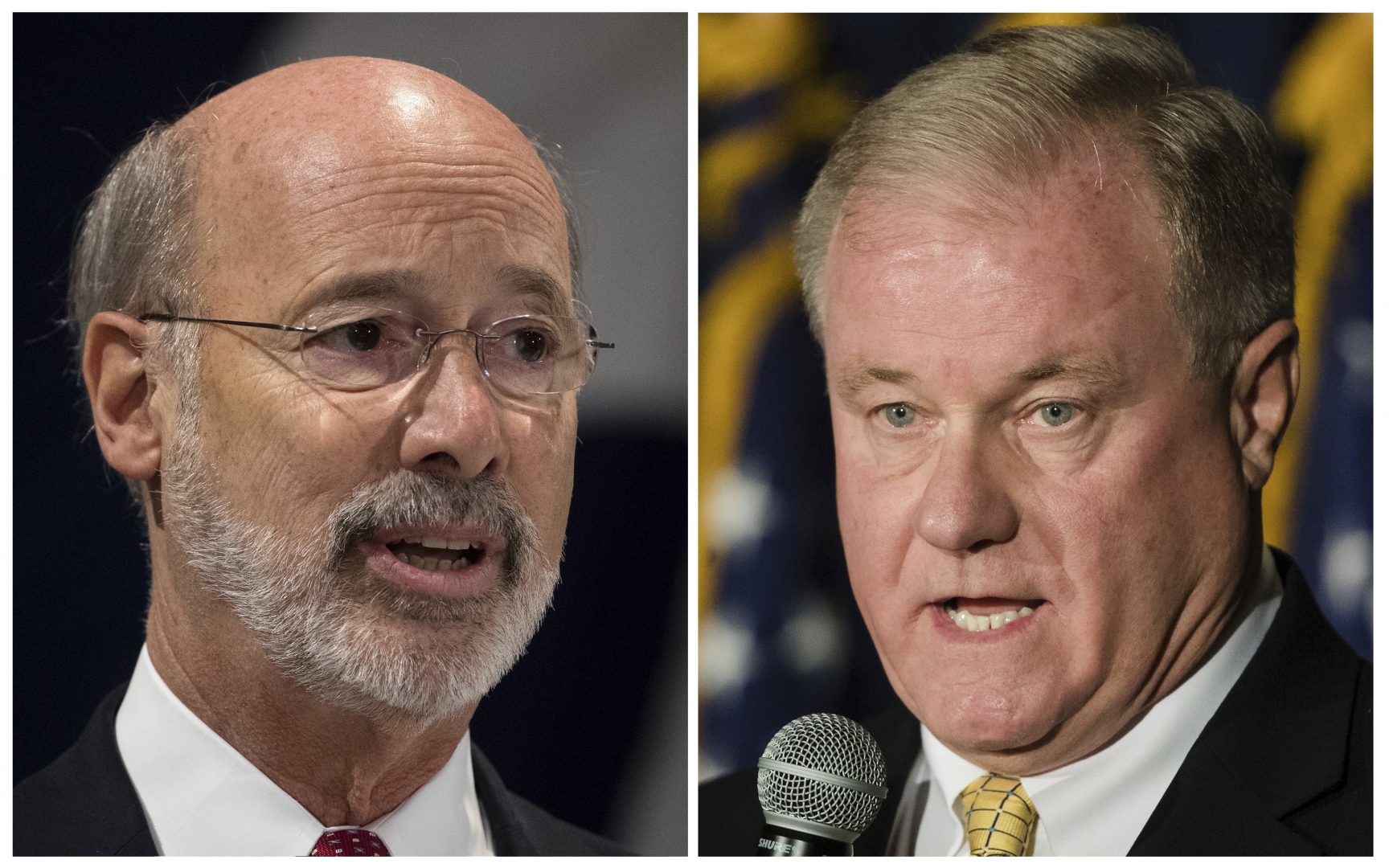 FILE PHOTO:  This combination of October 2017 file photos shows Pennsylvania gubernatorial candidates Democrat Gov. Tom Wolf, left, and Republican Scott Wagner. 