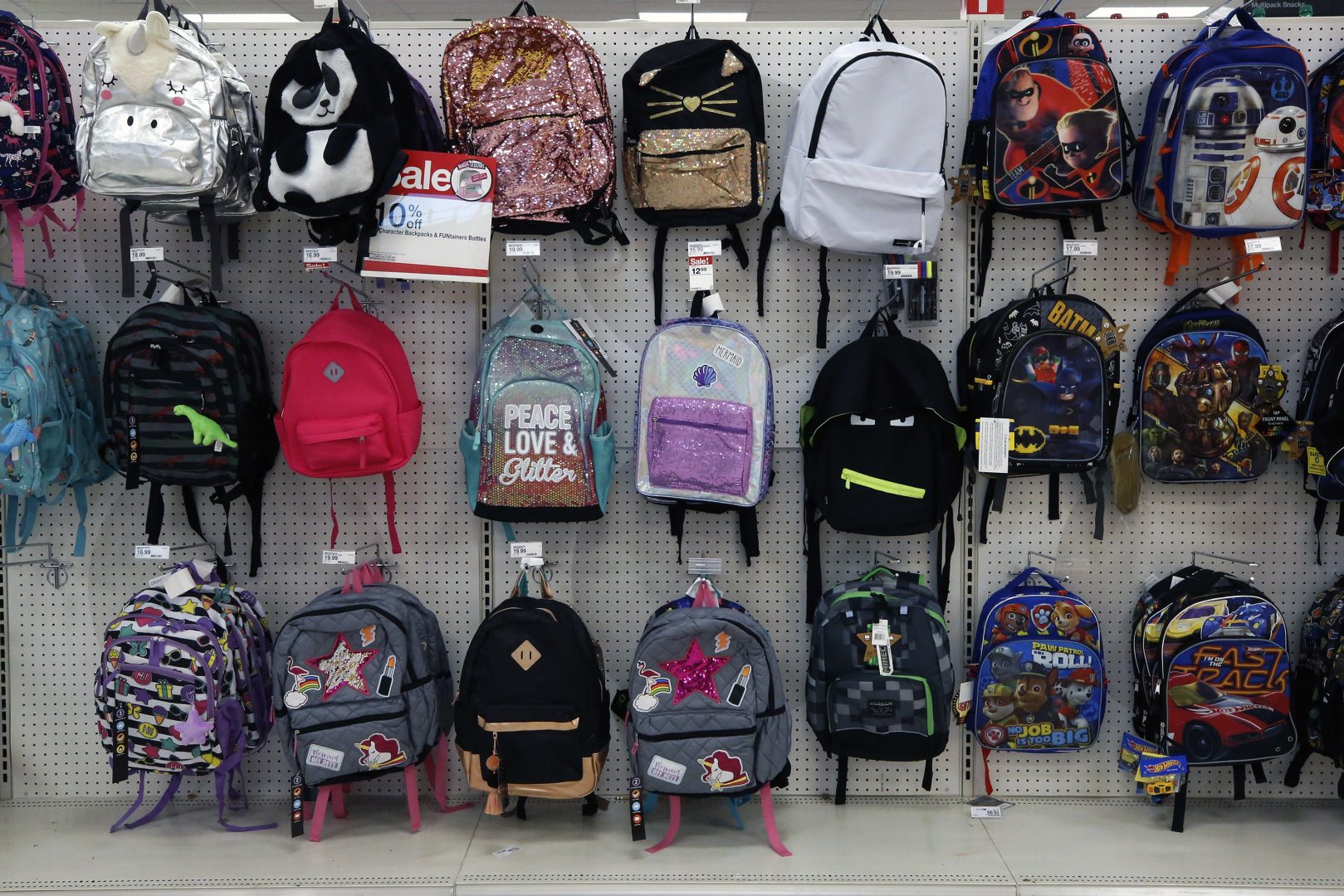 This July 18, 2018, photo shows a display of back to school backpacks in a Target store in Pittsburgh. 