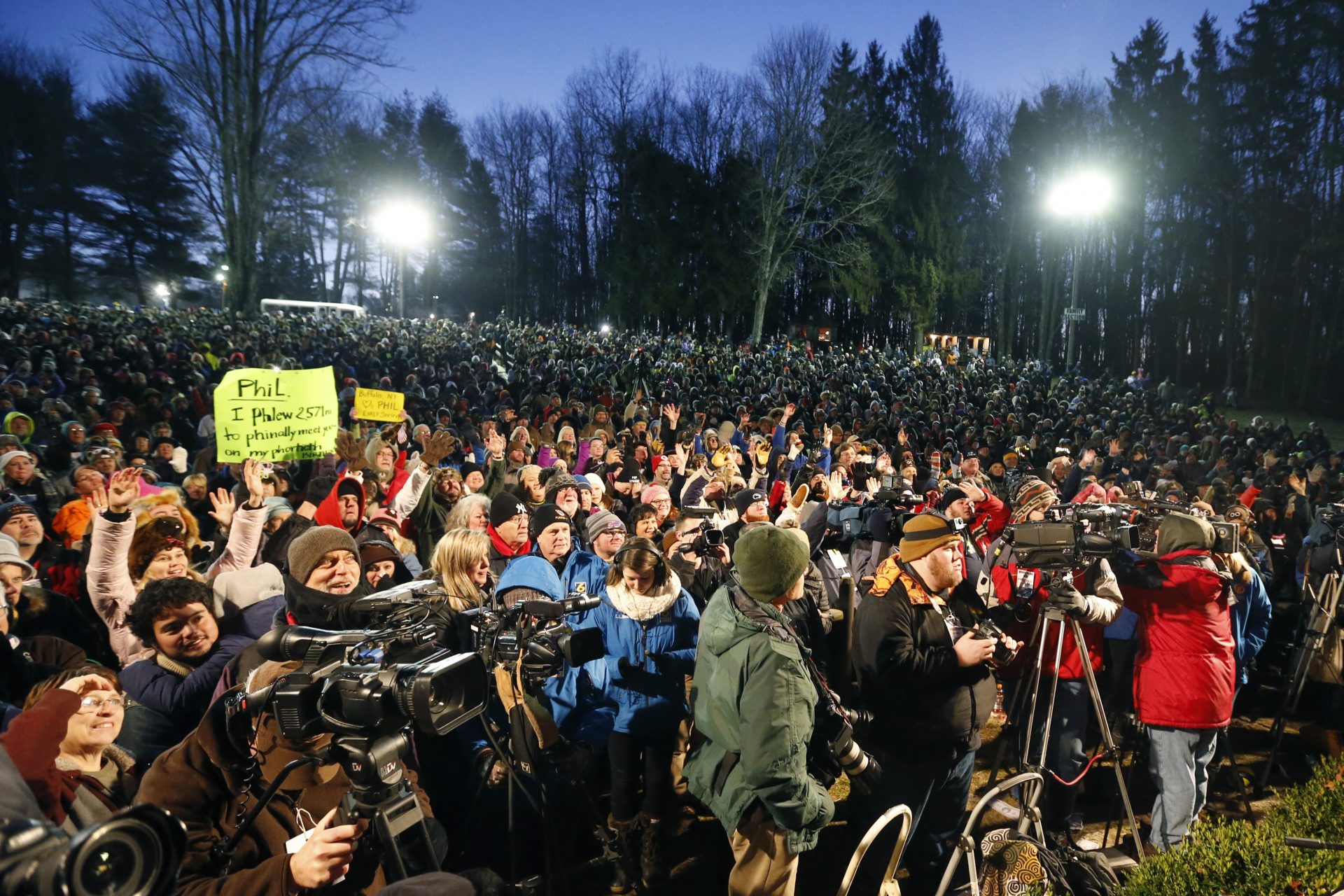 A crowd watches during the annual celebration of Groundhog Day on Gobbler's Knob in Pennsylvania Tuesday, Feb. 2, 2016.