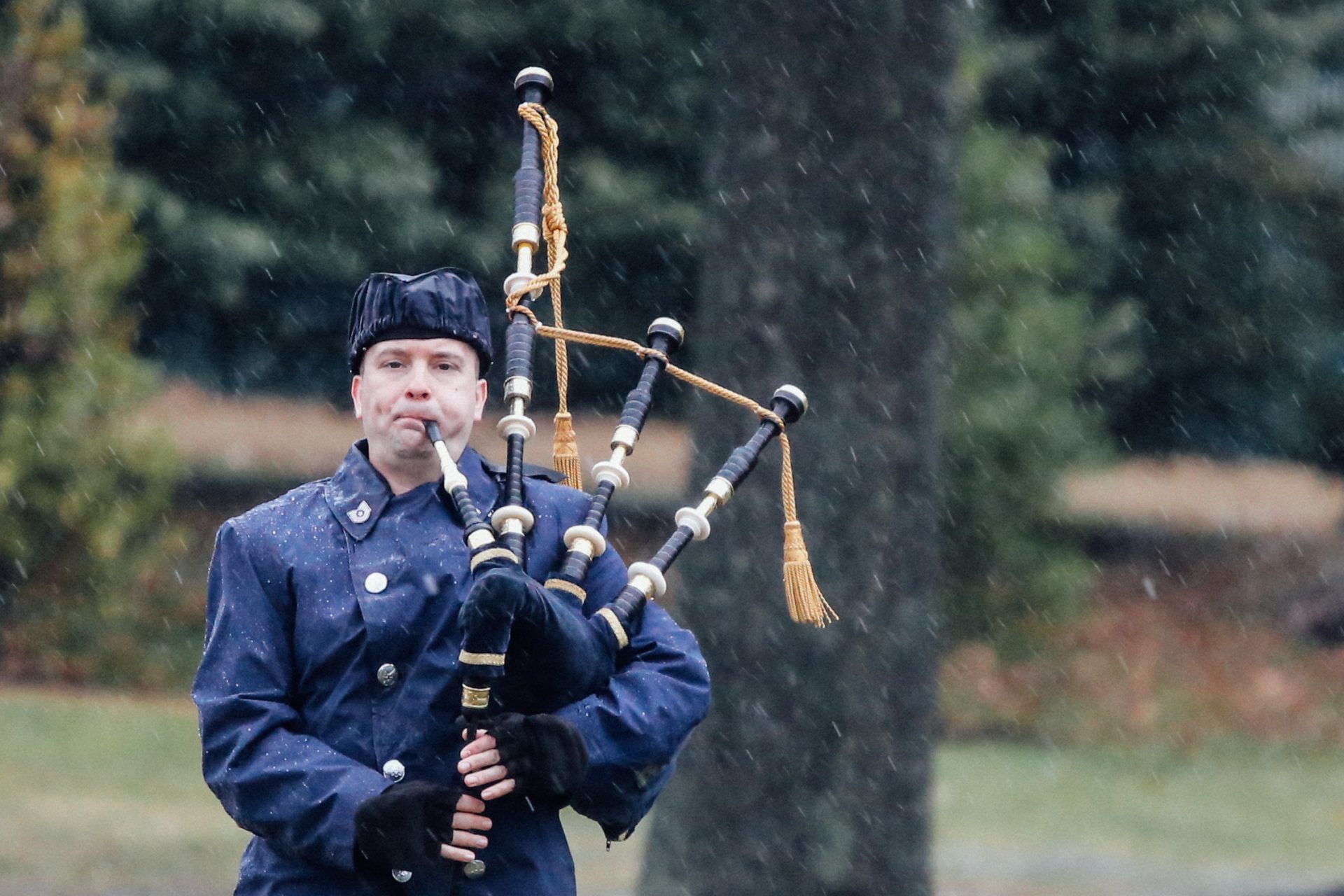 A bagpipe player performs "Amazing Grace" on Jan. 24, 2019 at Arlington National Cemetery.