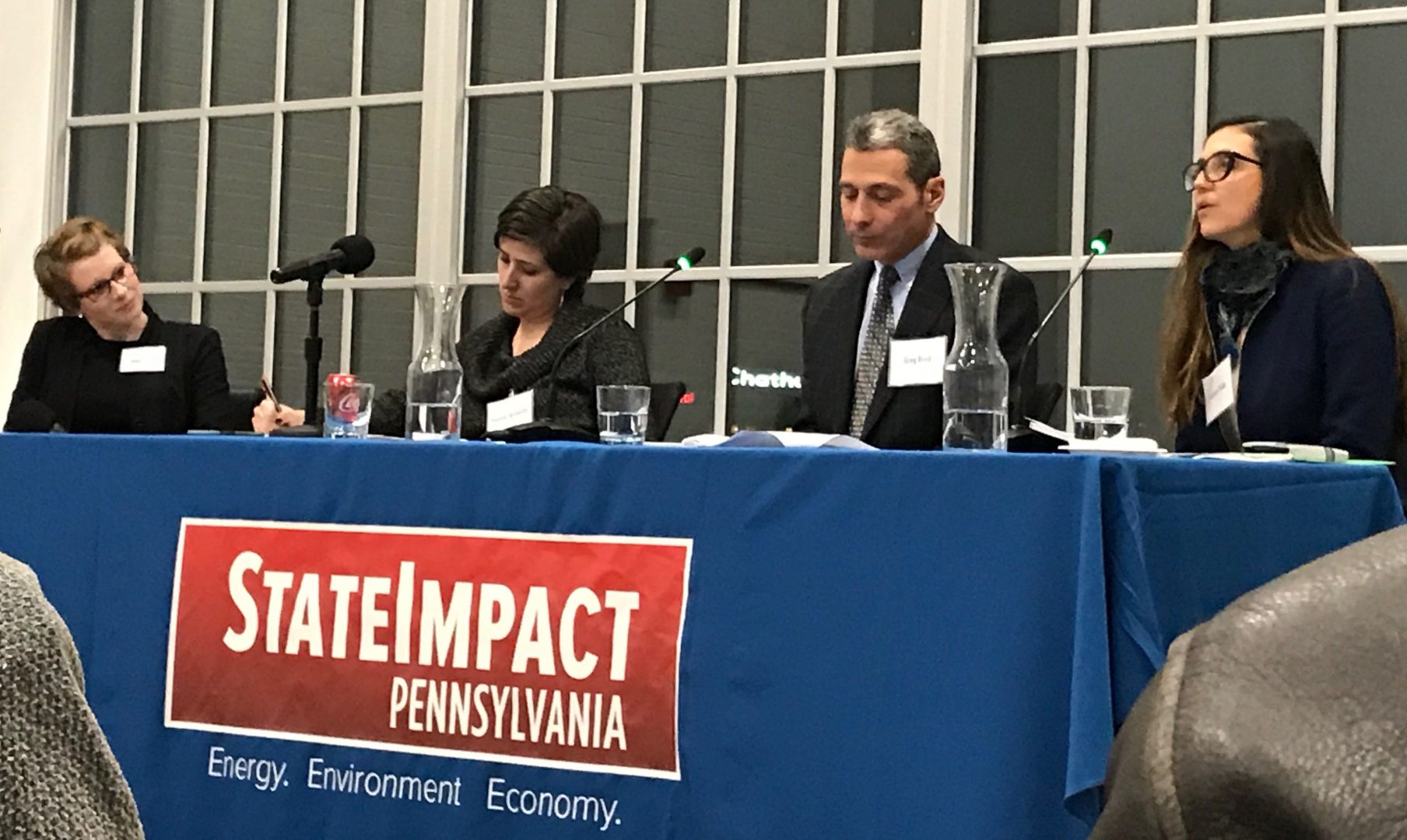 StateImpact Pennsylvania reporter Amy Sisk, left, with panelists Paulina Jaramillo, Greg Reed and Ivonne Peña at a public event in Pittsburgh Tuesday Jan. 29 called 