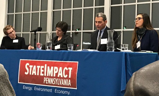 StateImpact Pennsylvania reporter Amy Sisk, left, with panelists Paulina Jaramillo, Greg Reed and Ivonne Peña at a public event in Pittsburgh Tuesday Jan. 29 called "The future of energy: Can we get to zero carbon?" Sisk and StateImpact reporter Reid Frazier moderated the discussion at the Energy Innovation Center in Pittsburgh.