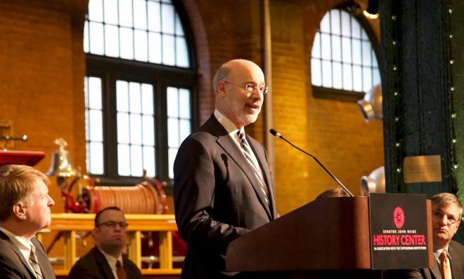 Gov. Tom Wolf announces targets for greenhouse gas emissions reduction in Pittsburgh Tuesday, Jan. 8, 2019.