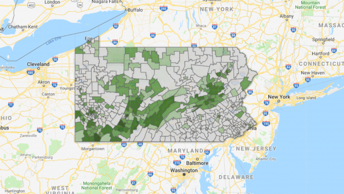A map of Pennsylvania school districts that would receive money under a proposal to raise all school district teacher salaries to at least $45,000 a year.