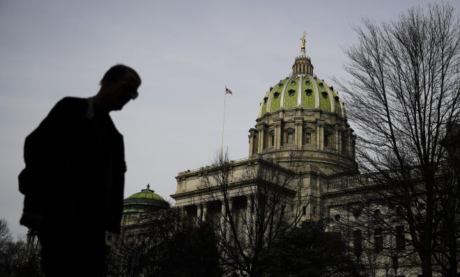 The dome of the Pennsylvania Capitol is visible in Harrisburg.