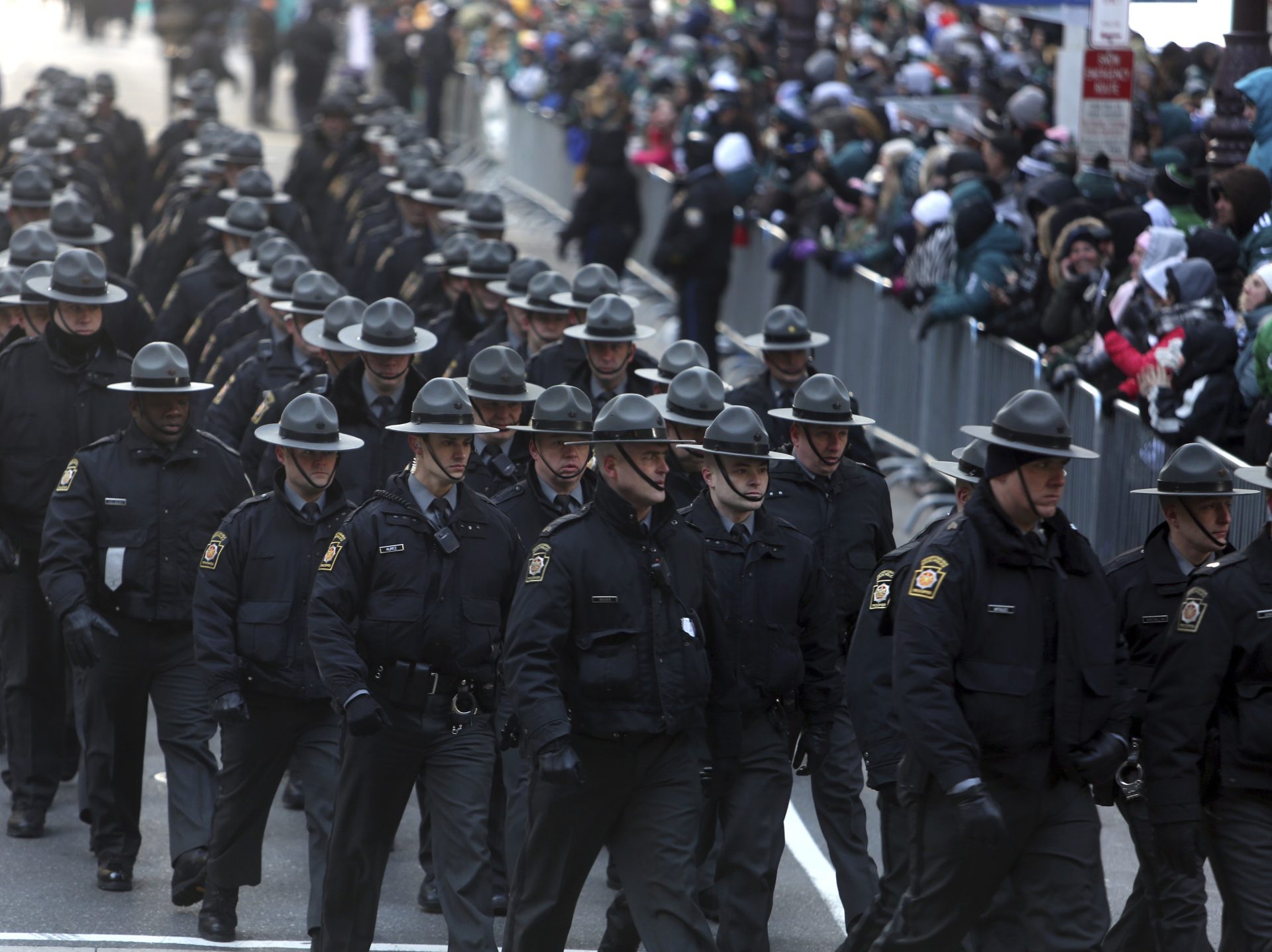 State police deploy before the Eagles team parade and celebration in 2018 in center city Philadelphia.
