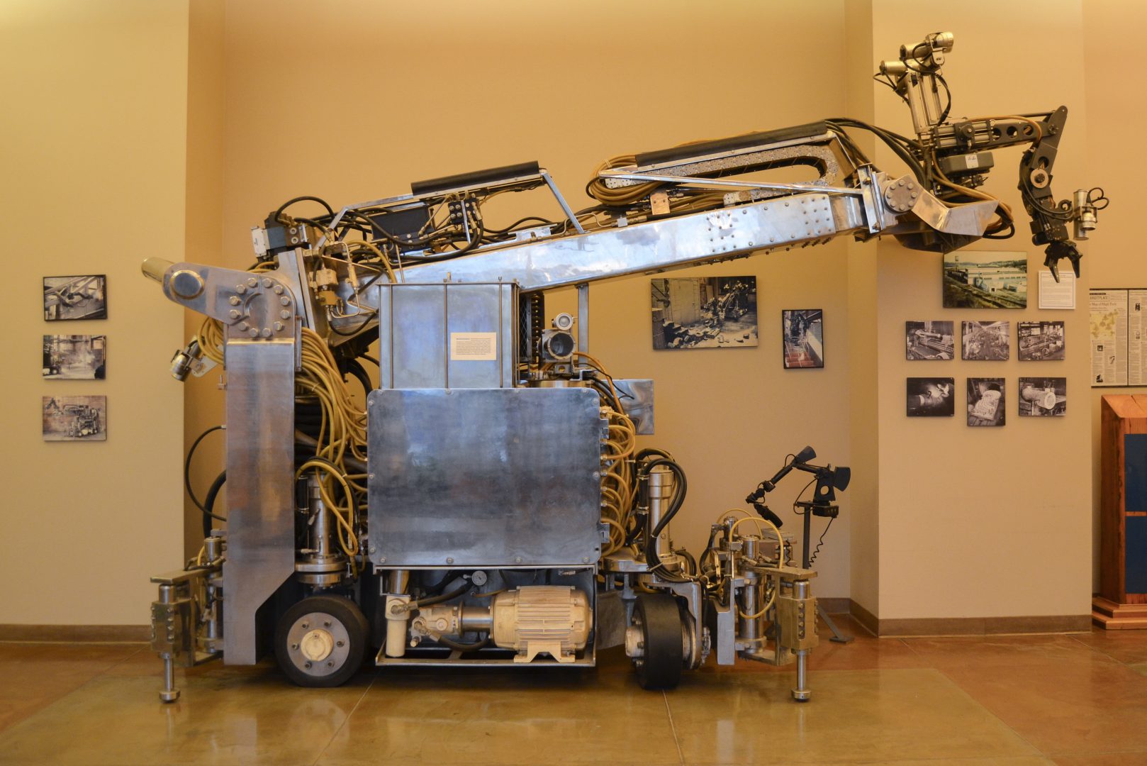 Workhorse, the third robot developed at Carnegie Mellon University to clean up the basement of Three Mile Island's containment building, sits on display today at the school's National Robotics Engineering Center. Although officials involved with the cleanup effort decided not to use the robot, it served as the basis for future robots developed by the researchers.