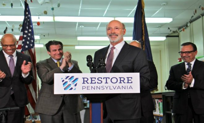 Gov. Tom Wolf visits Taggart Elementary School in South Philadelphia to stump for legislation that would tax natural gas extraction to pay for school improvements. 