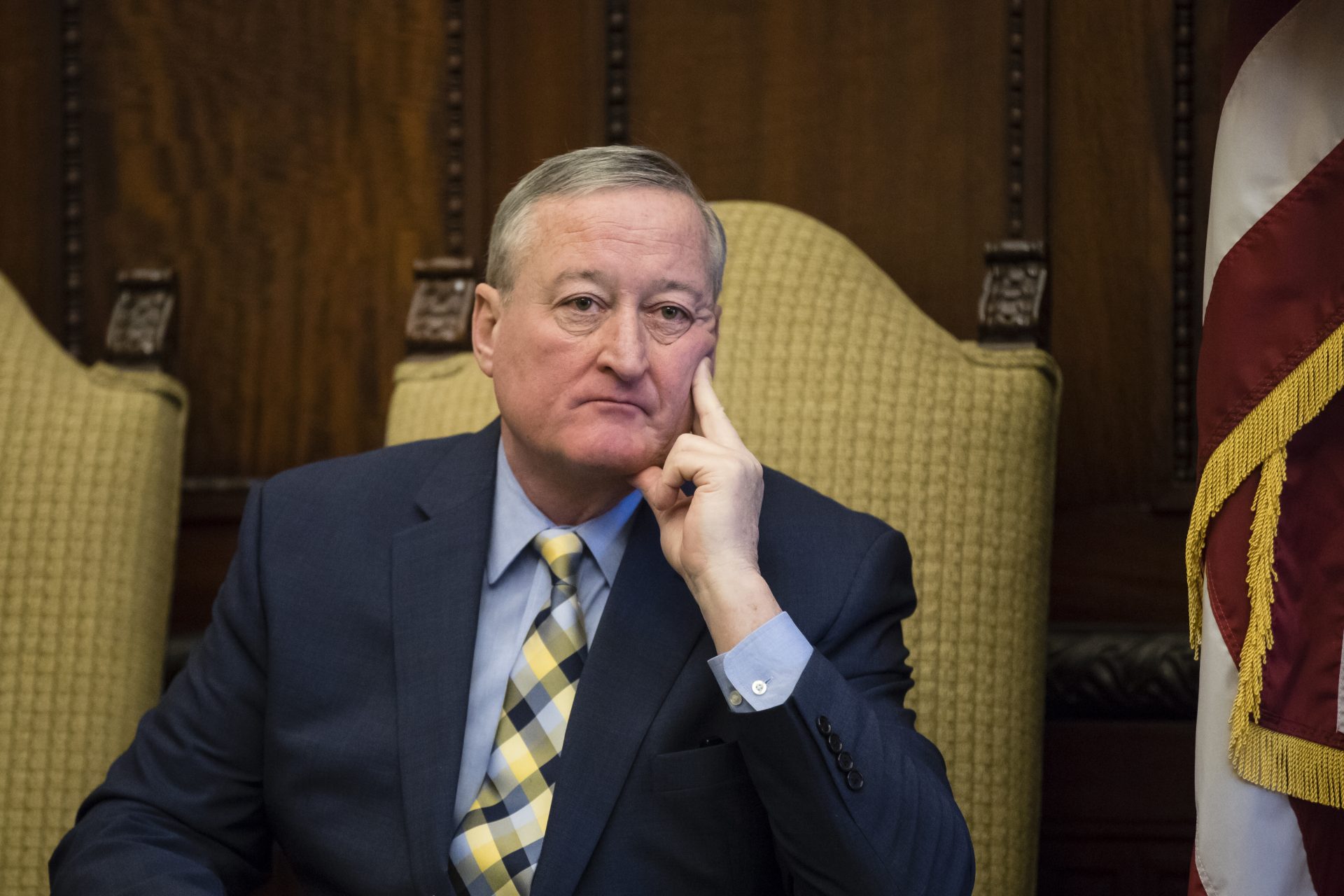 Philadelphia Mayor Jim Kenney listens during a news conference at City Hall in Philadelphia, Thursday, Jan. 17, 2019.