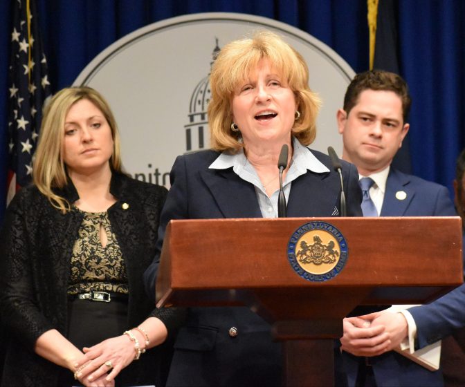 State Sen. Judy Schwank, D-Berks County, speaks during a news conference on March 26, 2019, in support of raising the minimum salary for teachers to $45,000 a year.