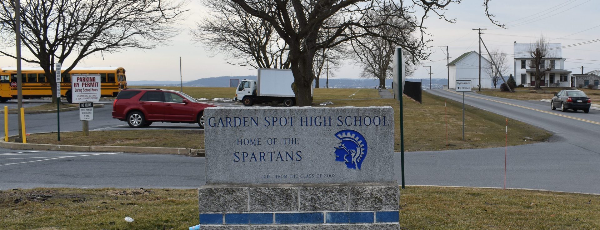 An entrance to Garden Spot High School is seen on March 14, 2019.