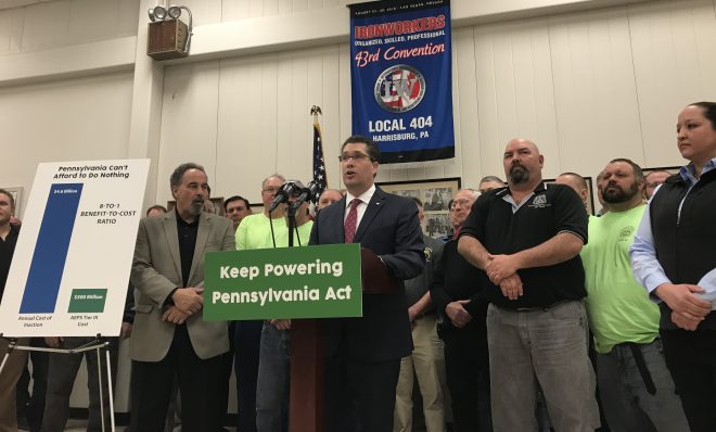 Rep. Thomas Mehaffie (R- Dauphin) unveils a bill aimed a preventing the early closure of two of Pennsylvania's five nuclear power plants.