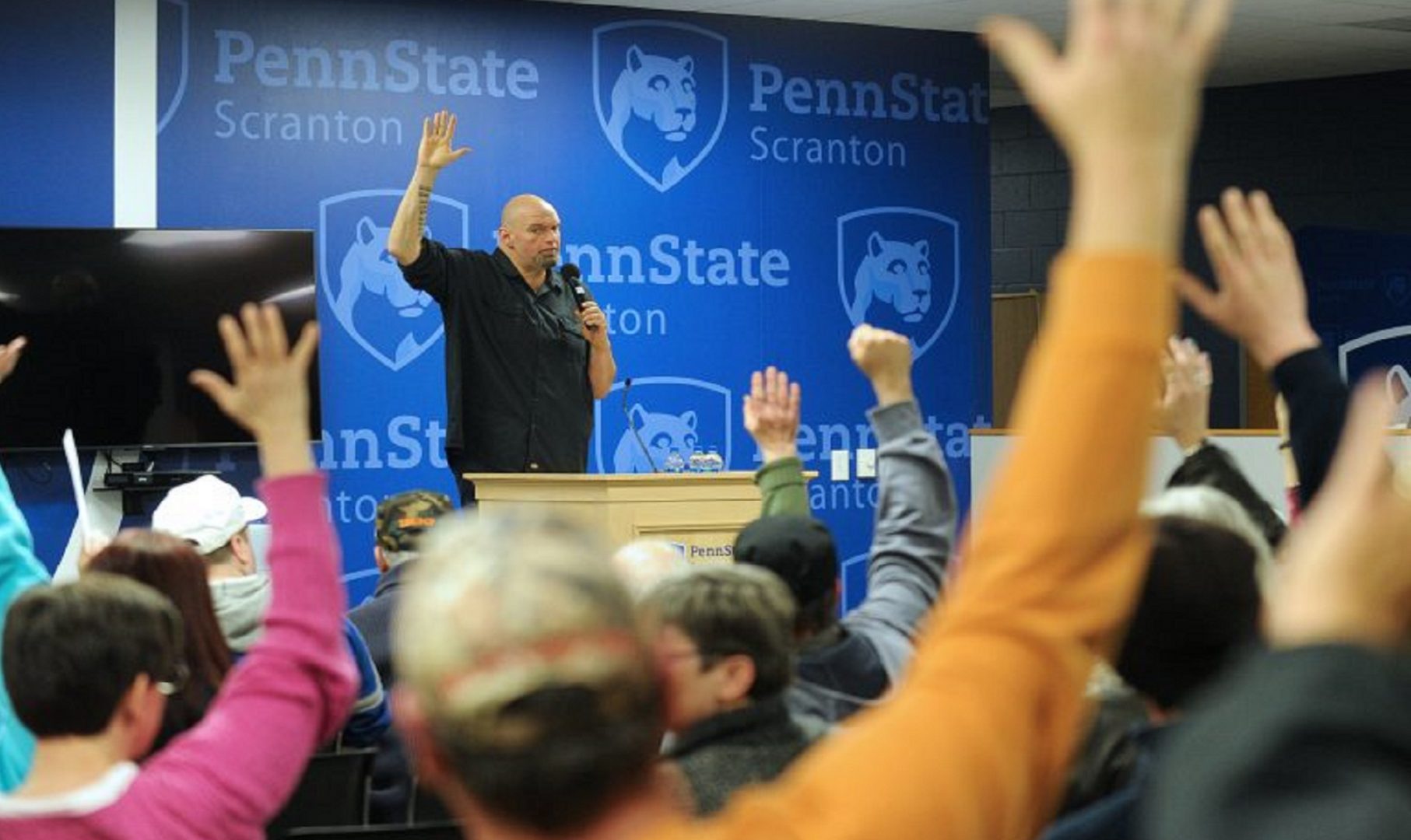 Pennsylvania Lt. Gov. John Fetterman asks for a show of hands with all in favor of adult recreational use marijuana at the conclusion of a listening session on recreational marijuana with community members Mar. 2, 2019, at Penn State Scranton in Dunmore, Pennsylvania. 