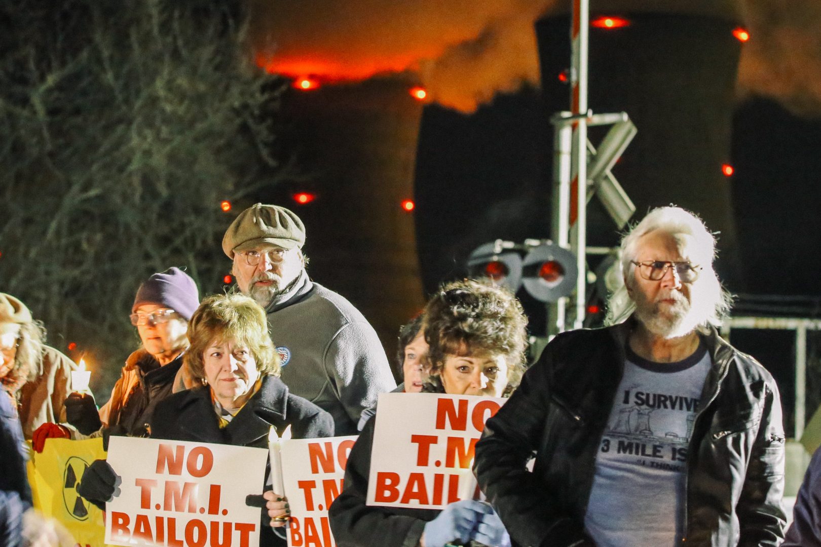 Protesters gather for a vigil outside the north gate of the Three Mile Island nuclear power plant in Londonderry Township, Dauphin County. 