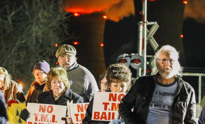 Protesters gather for a vigil outside the north gate of the Three Mile Island nuclear power plant in Londonderry Township, Dauphin County. 