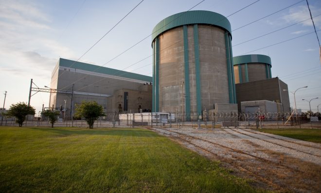 Zion Nuclear Power Plant’s cooling towers and other plant infrastructure have been dismantled since this photo taken in 2010 prior to the start of decommissioning. Currently, work crews are canning the 257-acre site for contaminated soil. Decommissioning is expected to be complete by the end of the year. 