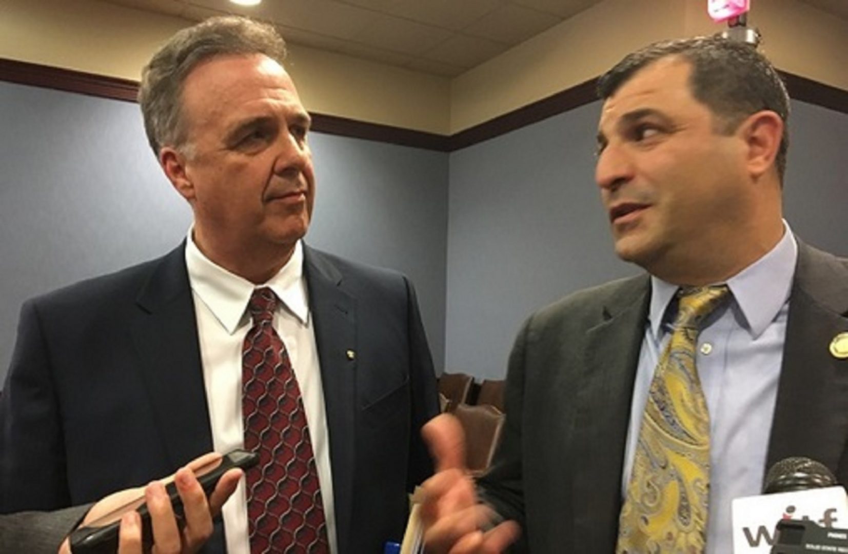 Representatives Jim Gregory and Mark Rozzi speak to reporters after the successful passage of their bills from the House Judiciary Committee. 