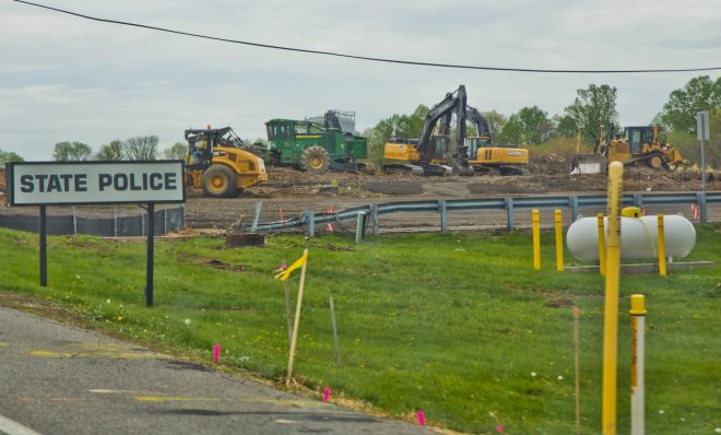 Crews work at the site of a sinkhole along the Mariner East pipeline route near the Pennsylvania State Police barracks on Route 1 in Delaware County on Thursday, April 25, 2019. Pipeline builder said there were no leaks and no pipelines were exposed.