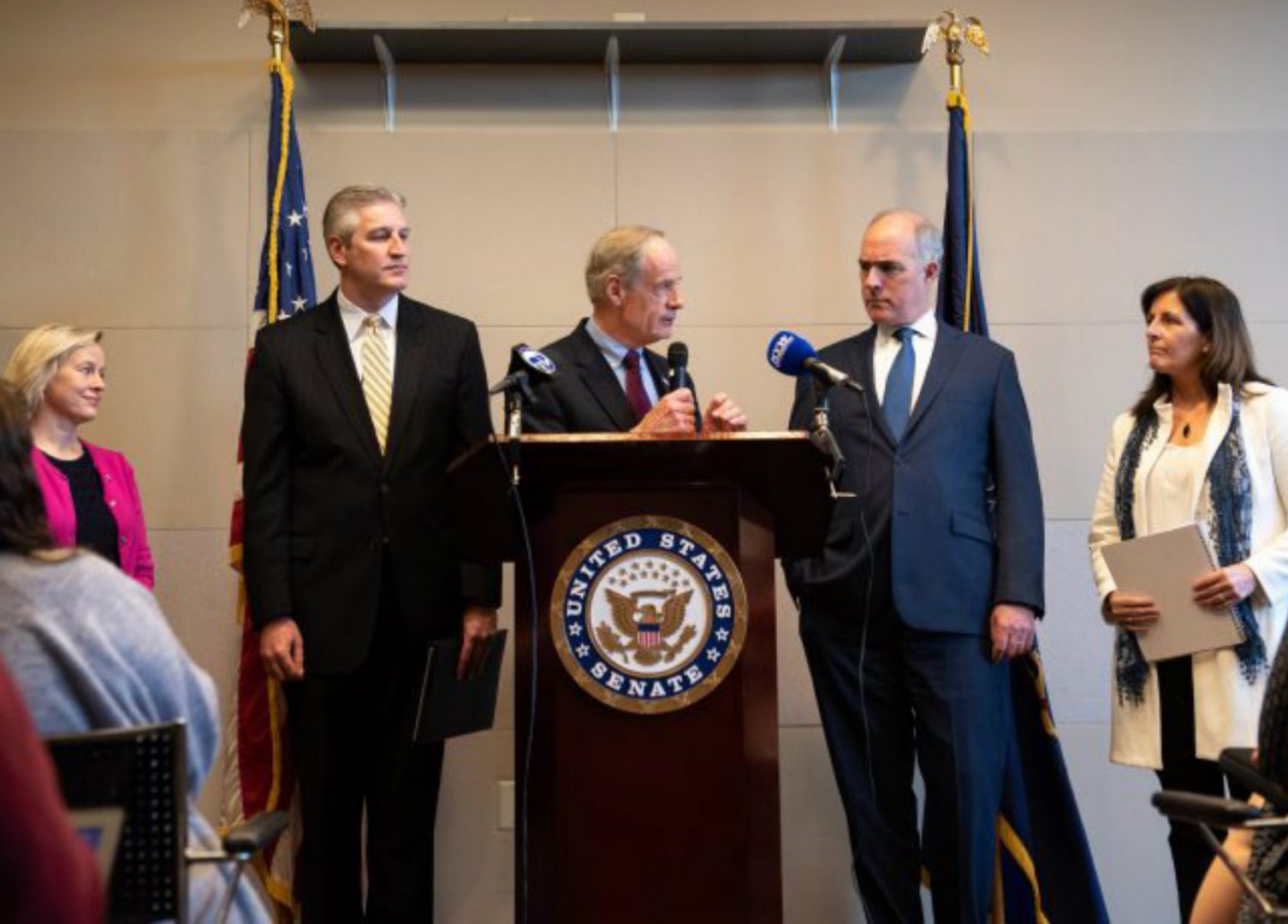 In a news conference, Del. Sen. Tom Carper, alongside Pa. Sen. Bob Casey, discusses measures pushing for a federal response to PFAS chemical contamination, following a roundtable discussion at the Horsham Township Library in Horsham, Pa. on Monday, April 8, 2019. 