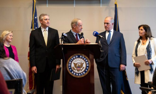 In a news conference, Del. Sen. Tom Carper, alongside Pa. Sen. Bob Casey, discusses measures pushing for a federal response to PFAS chemical contamination, following a roundtable discussion at the Horsham Township Library in Horsham, Pa. on Monday, April 8, 2019. 