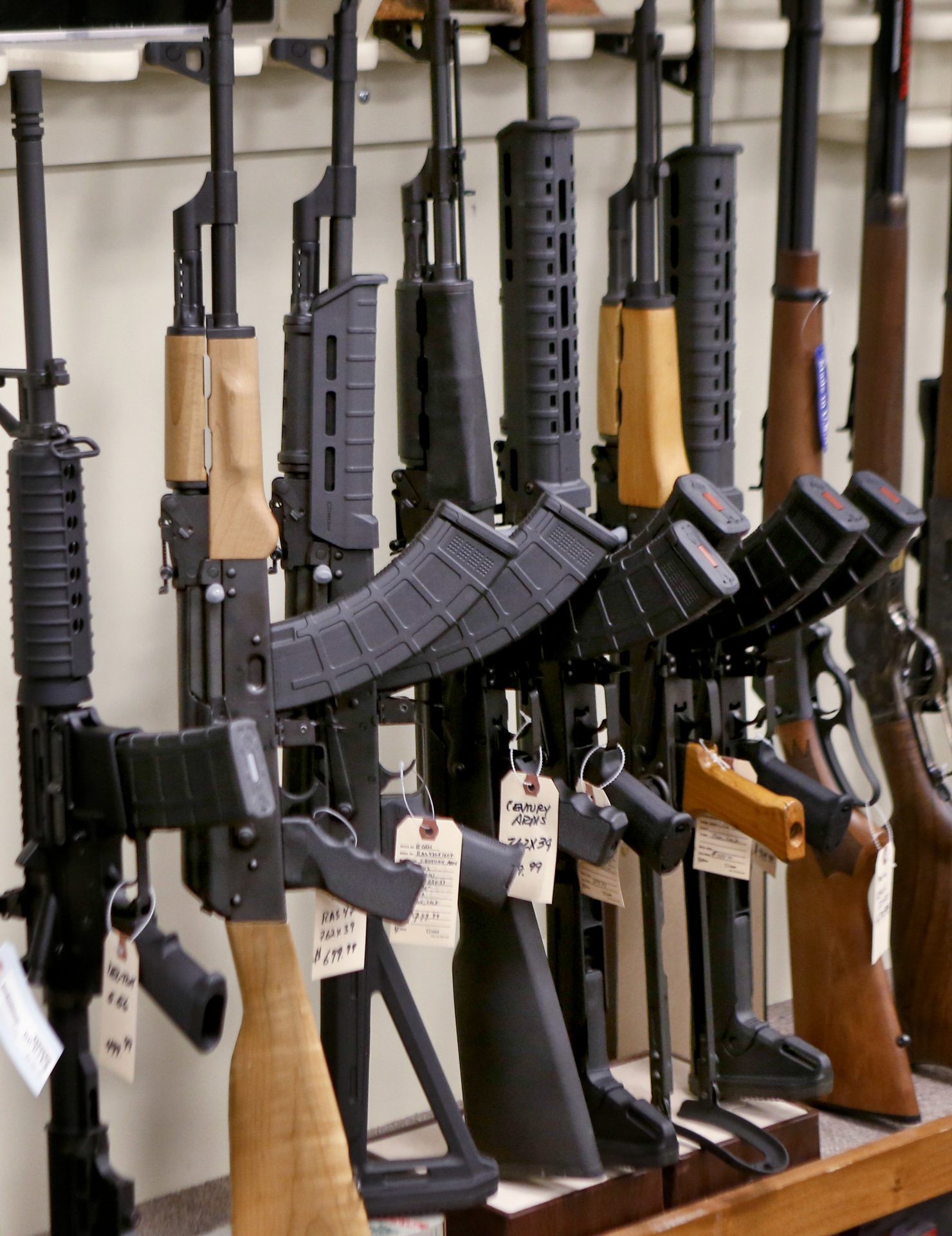 A portion of the rack displaying various models of semi-automatic sporting rifles is seen at Duke's Sport Shop in New Castle, Pa. on Thursday, March 1, 2018.