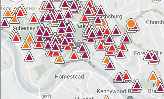 A screen shot of Smell PGH on April 4 shows numerous reports of foul odors in the community.