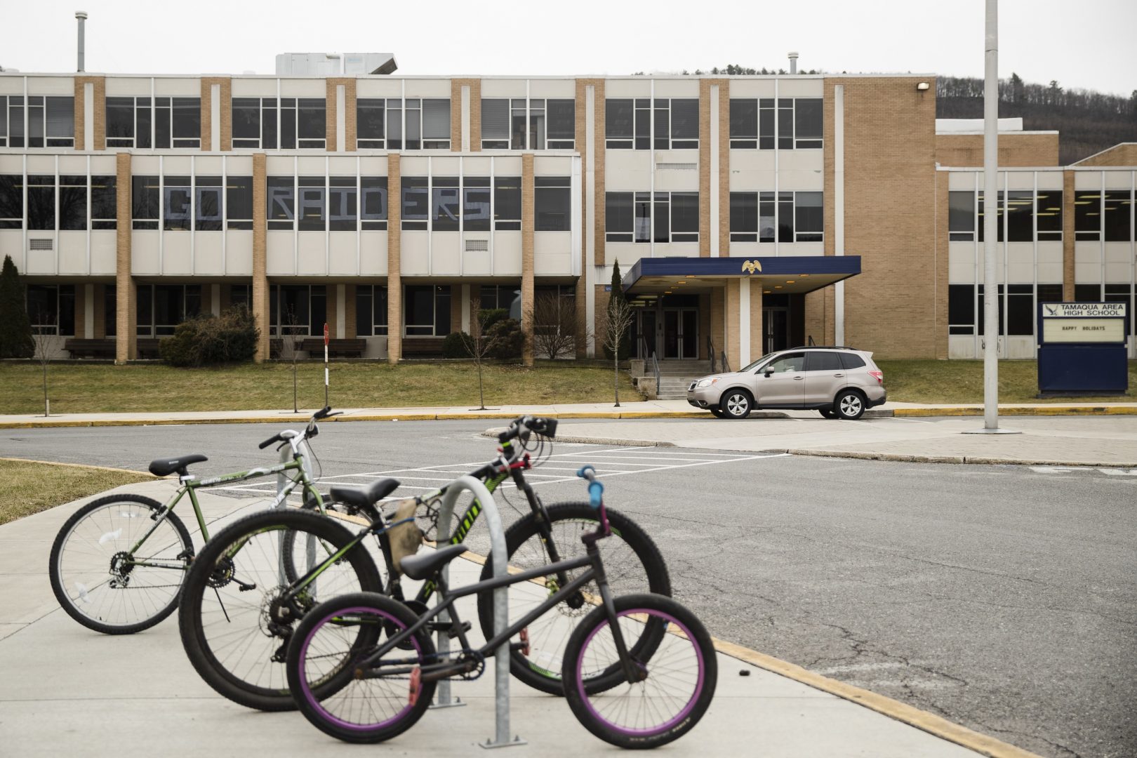 Bicycles are parked outside Tamaqua Area High School in Tamaqua, Pa., Friday, Jan. 4, 2019.