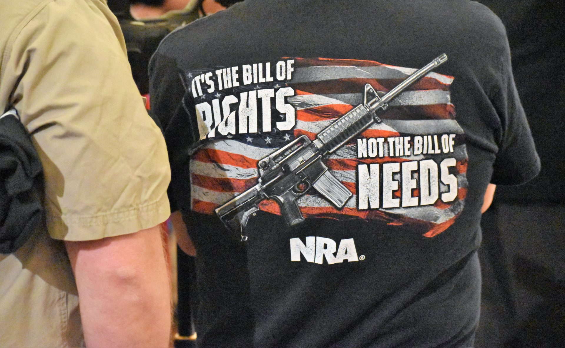 A demonstrator wears a shirt that says, "It's The Bill of Rights / Not The Bill of Needs" during a rally on May 6, 2019, in the state Capitol in Harrisburg.