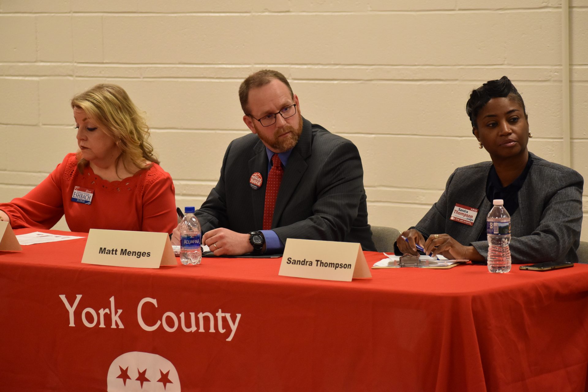 Three candidates for a seat on the York County Court of Common Pleas participate in a debate hosted by the Republican Club of York County on April 29, 2019. From left to right, they are Jonelle Eshbach, Matt Menges and Sandra Thompson.