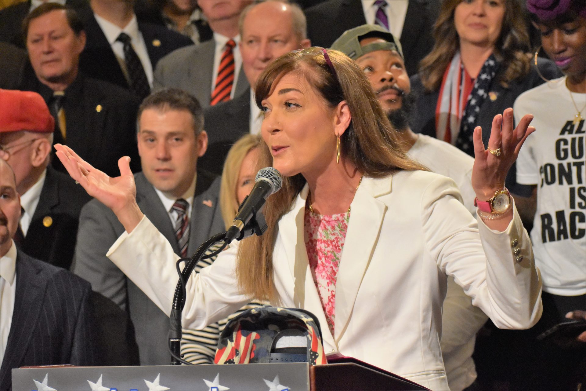 Kelly Ann Pidgeon, a firearms instructor, speaks during a Second Amendment rally on May 6, 2019, at the state Capitol in Harrisburg.