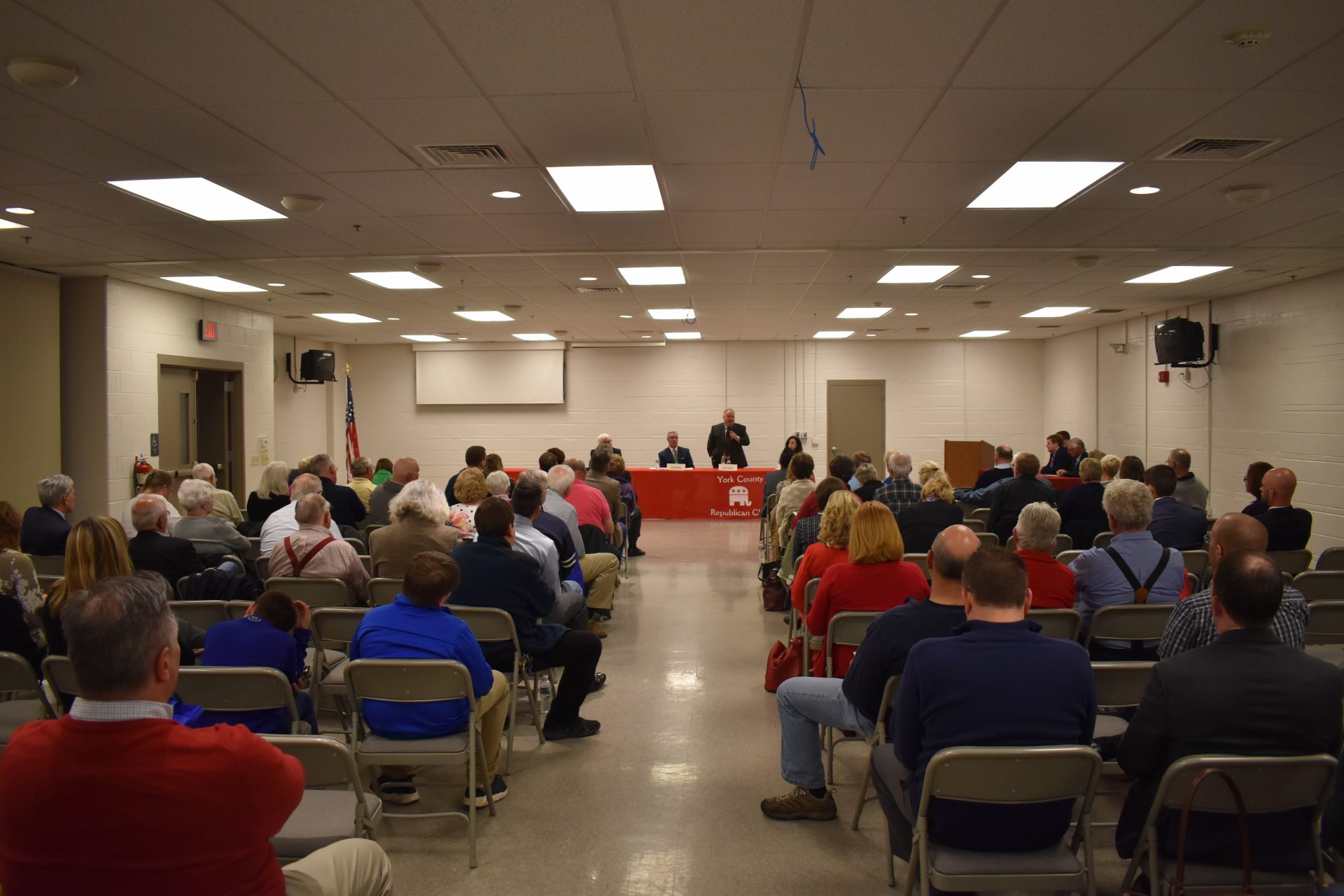 A crowd watches Republican commissioner candidates debate on April 29, 2019, at Shiloh Fire Company in York County.