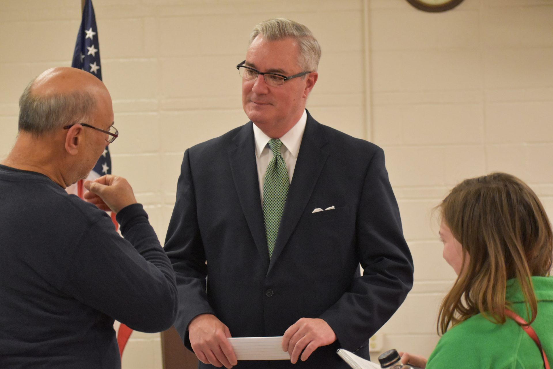 Republican Chris Reilly, center, speaks with people following a debate on April 29, 2019, at Shiloh Fire Company in York County.