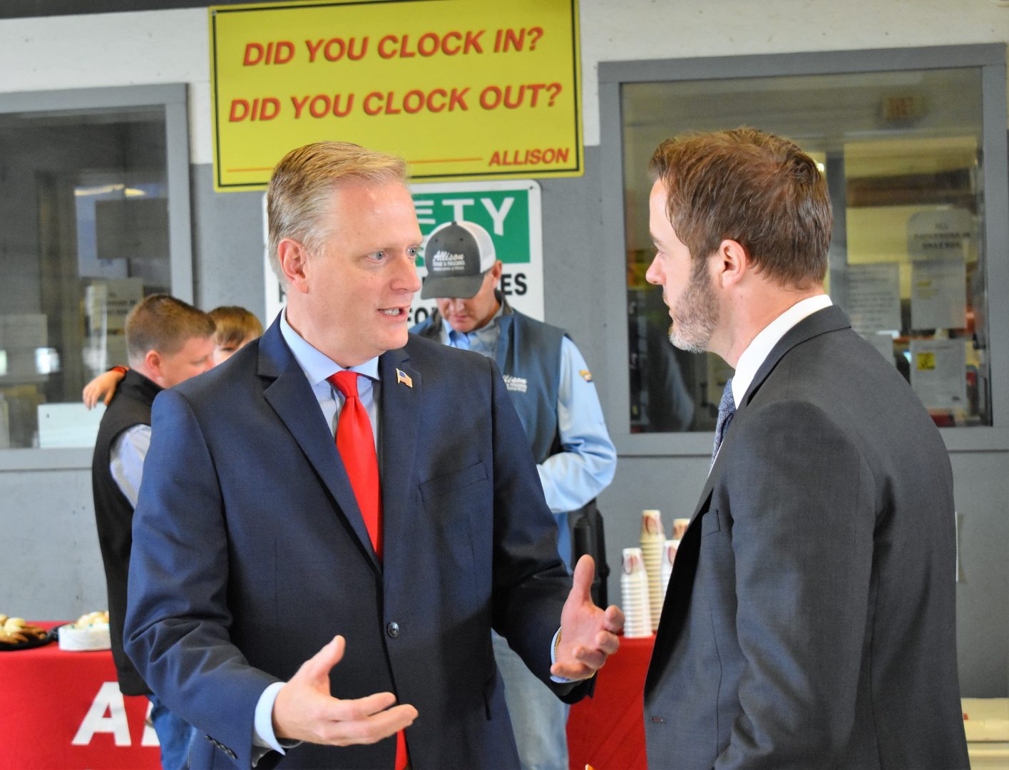 Republican congressional candidate Fred Keller speaks with Ben Taylor of the U.S. Chamber of Commerce on May 2, 2019. The chamber endorsed Keller during an event at Allison Crane & Rigging, outside Williamsport.
