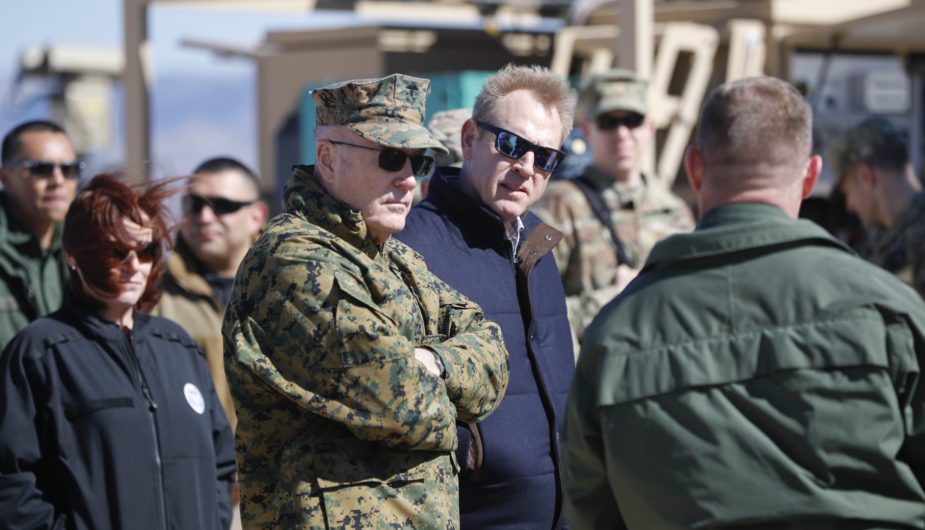 FILE PHOTO: Acting Secretary of Defense Patrick Shanahan, center, and Joint Chiefs Chairman Gen. Joseph Dunford, left, tour the US-Mexico border at Santa Teresa Station in Sunland Park, N.M., Saturday, Feb. 23, 2019. 