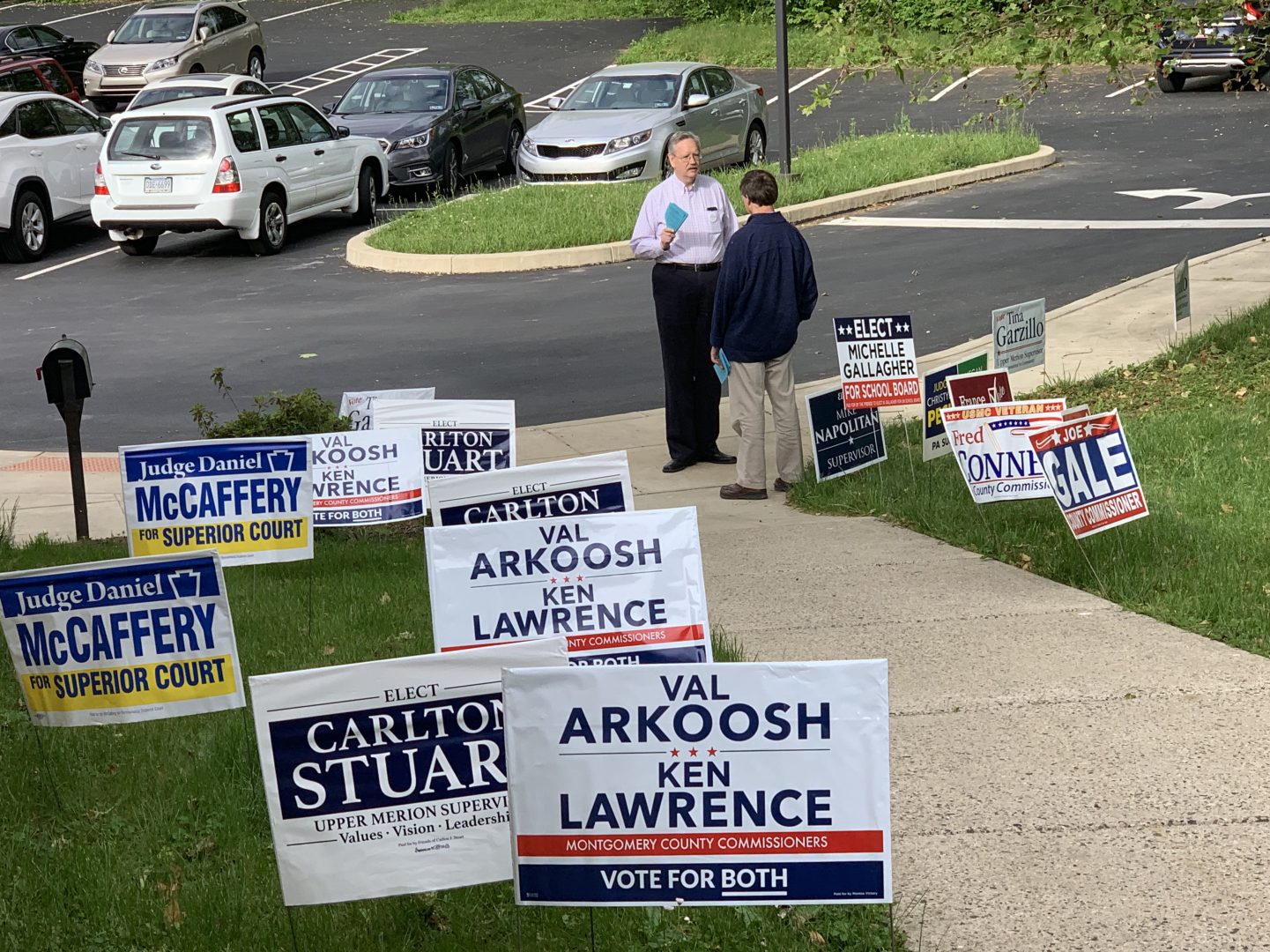 Poll watchers outside Temple Brith Achim Synagogue, the polling place for Upper Merion Gulph 2 and King 1-2, on Election Day, May 21, 2019. 