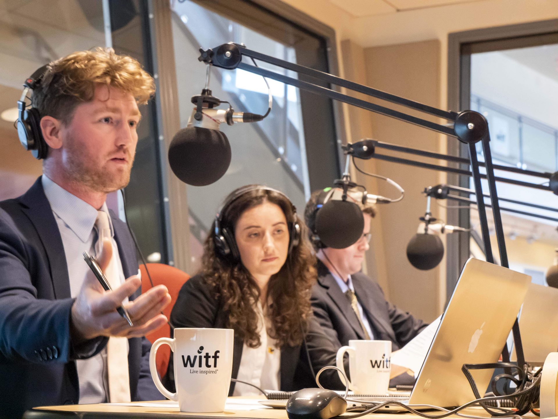 Kevin McCorry, left, asks Gov. Tom Wolf a question during an interview at WITF Public Media Center on June 20, 2019.