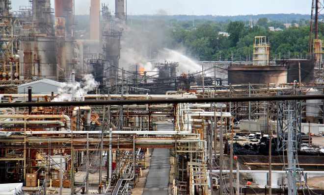 A fire burns at the Philadelphia Energy Solutions refinery hours after a series of early morning explosions at the 150-year-old industrial complex at 3100 W. Passyunk Ave. 